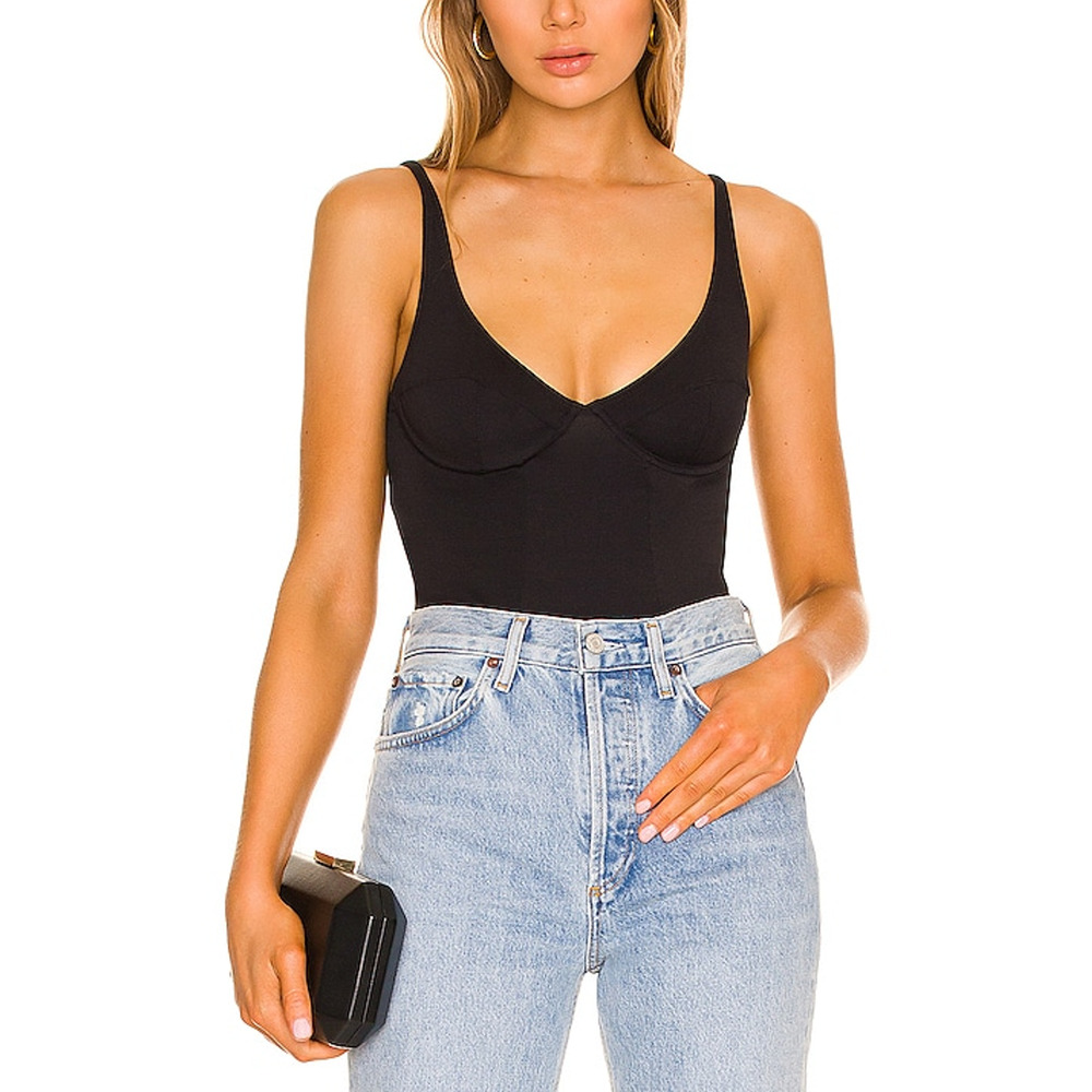 Sleek Black Underwire Seam Bodysuit - Women's Fitted Tank